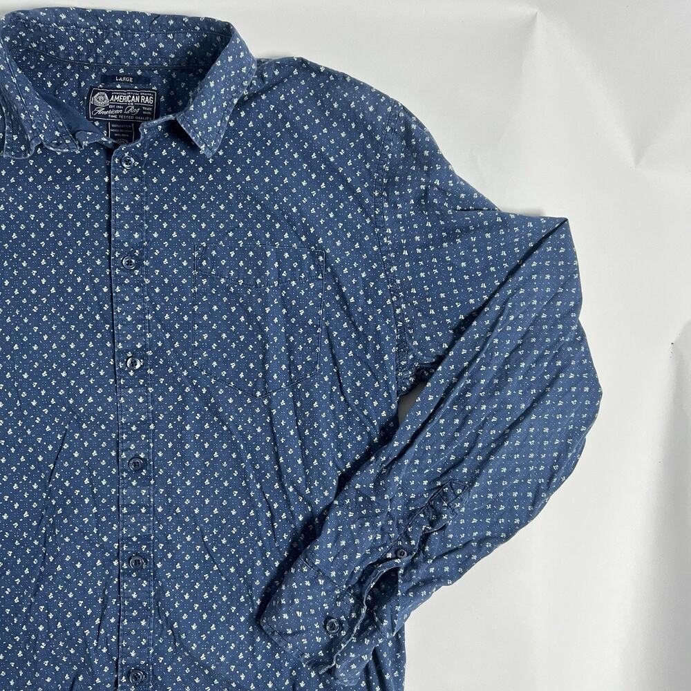American Rag Cie Men's Blue Floral Woven Cotton Button-Up Shirt LS Pockets L - Picture 3 of 7